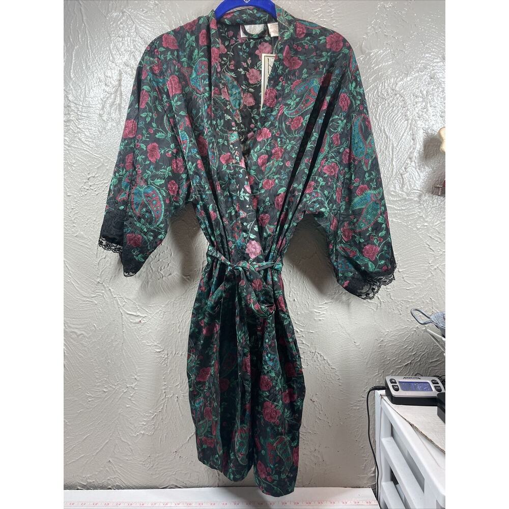 Delicates‎ Women’s Colorful Robe Brown Pink Satin Belted Size Medium NOS Vintage